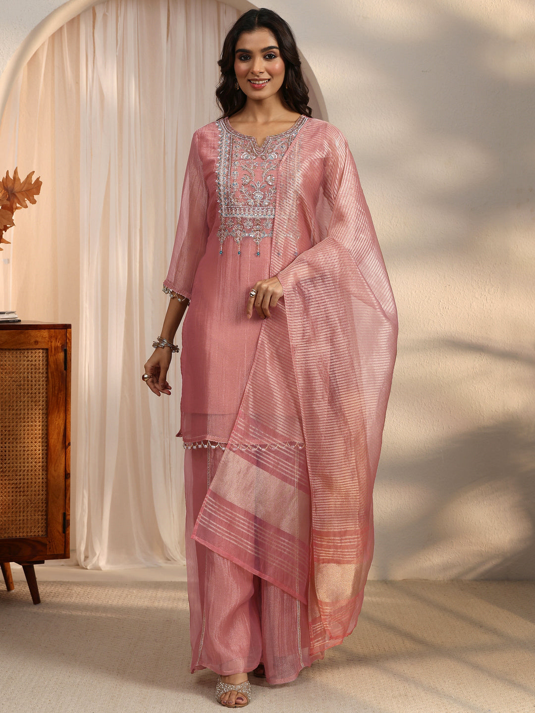  Libas Mauve Yoke Design Embellished Tissue Palazzo Suit Set 