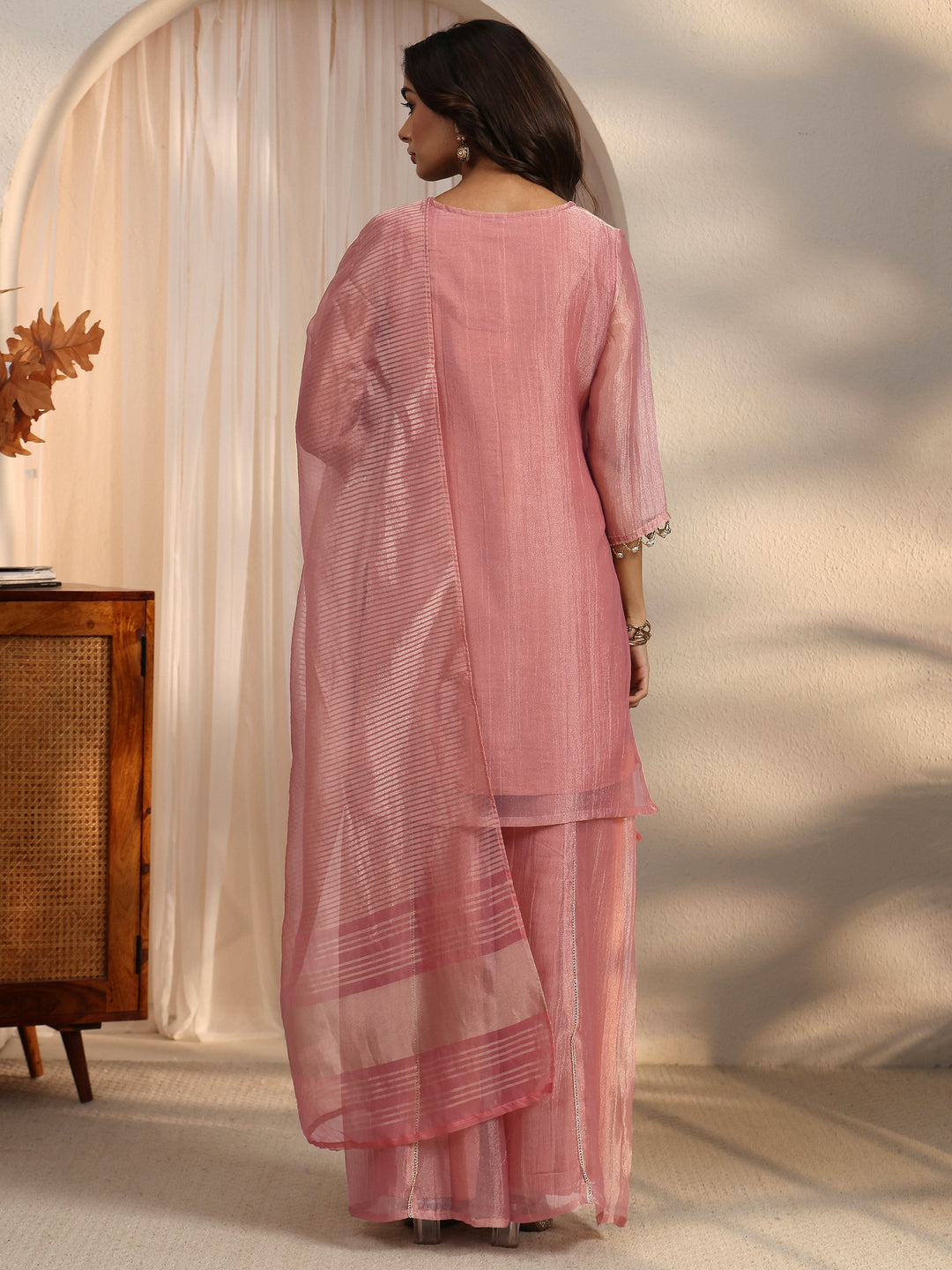  Libas Mauve Yoke Design Embellished Tissue Palazzo Suit Set 