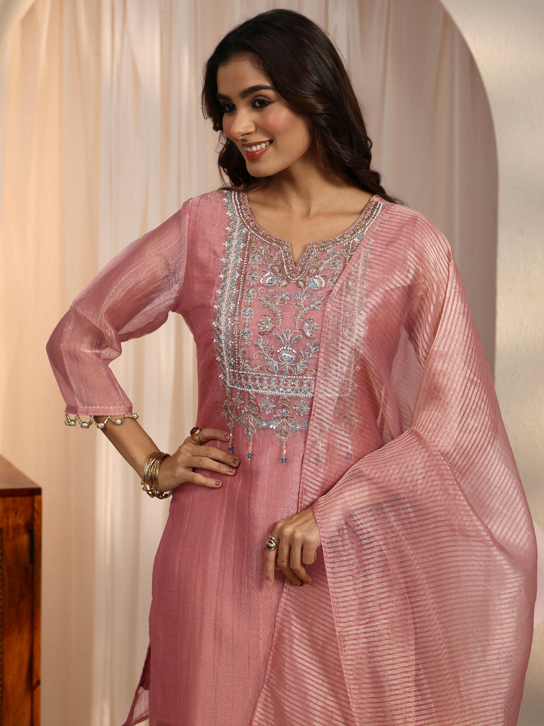  Libas Mauve Yoke Design Embellished Tissue Palazzo Suit Set 