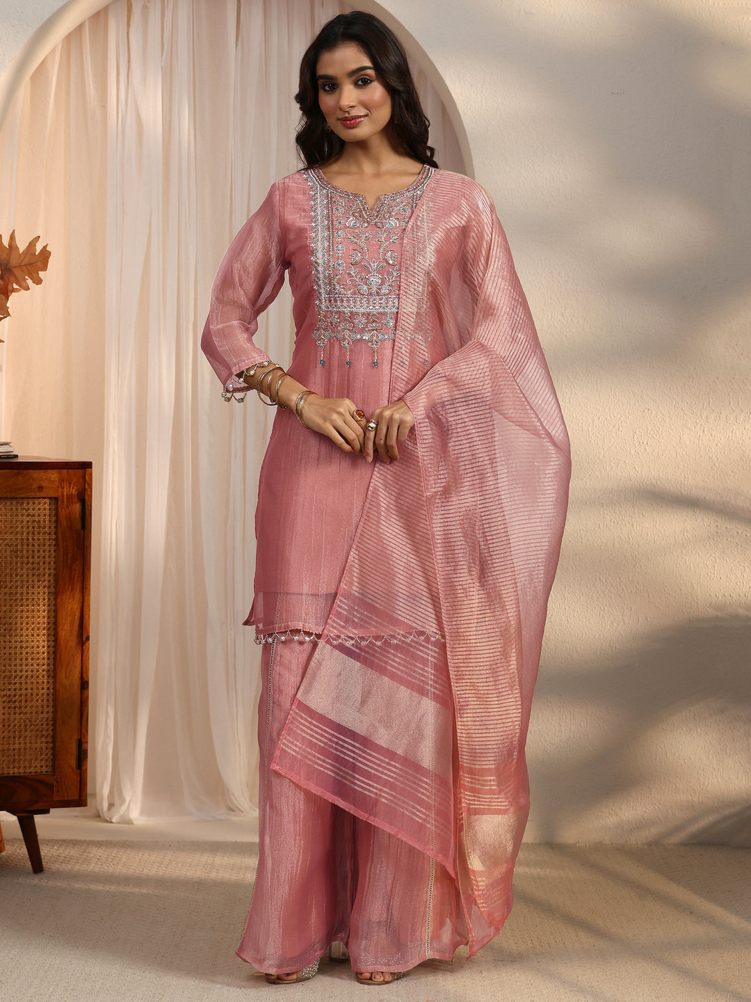  Libas Mauve Yoke Design Embellished Tissue Palazzo Suit Set 