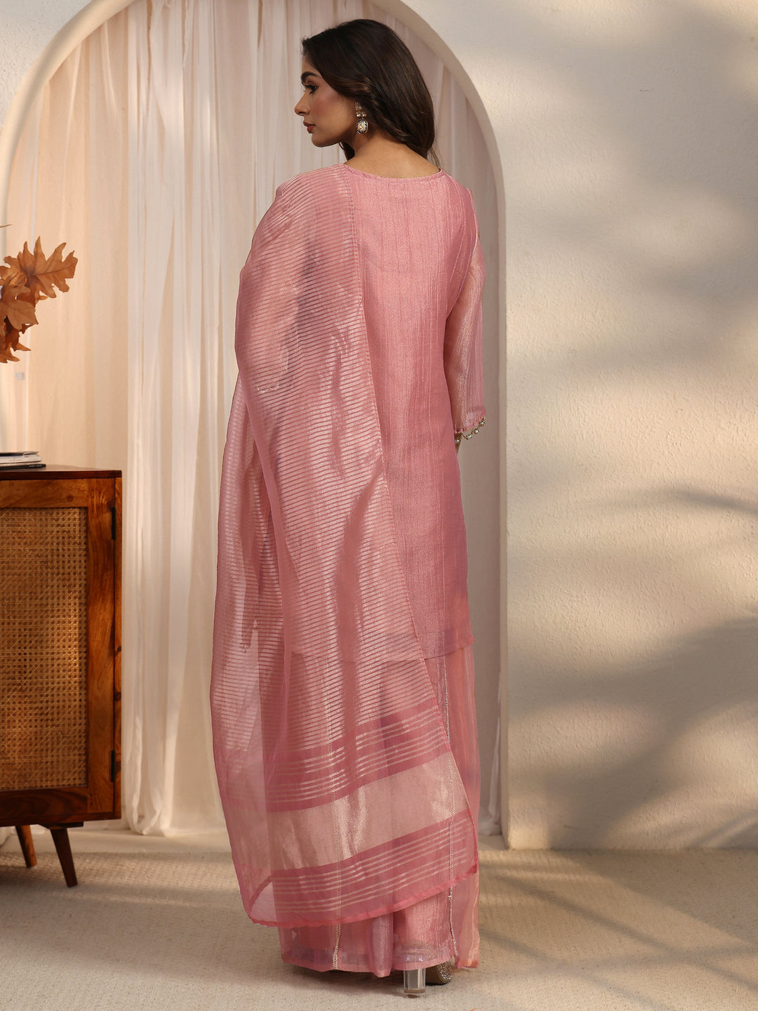  Libas Mauve Yoke Design Embellished Tissue Palazzo Suit Set 