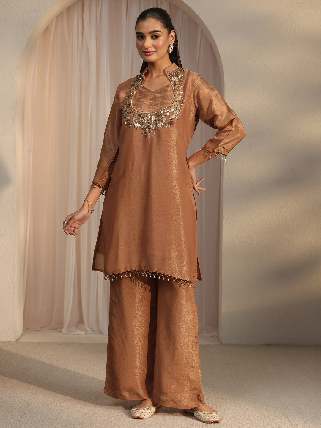  Libas Brown Yoke Design Embellished Tissue Co-Ord Set 