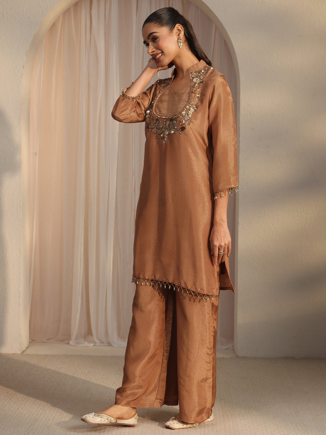  Libas Brown Yoke Design Embellished Tissue Co-Ord Set 