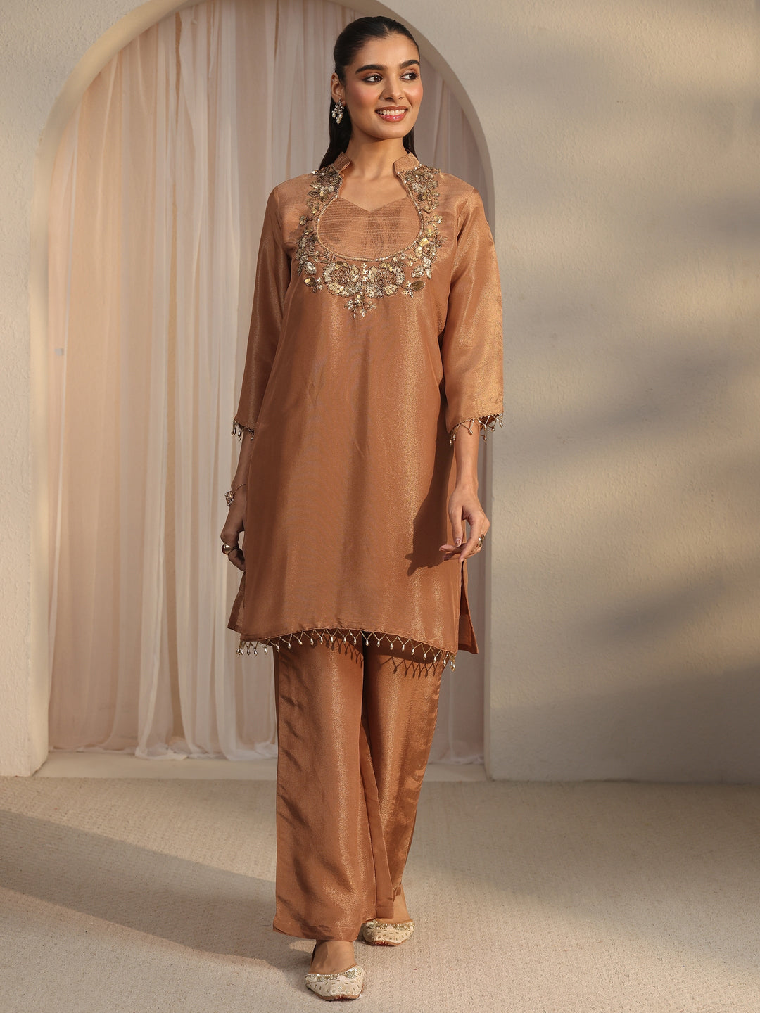  Libas Brown Yoke Design Embellished Tissue Co-Ord Set 