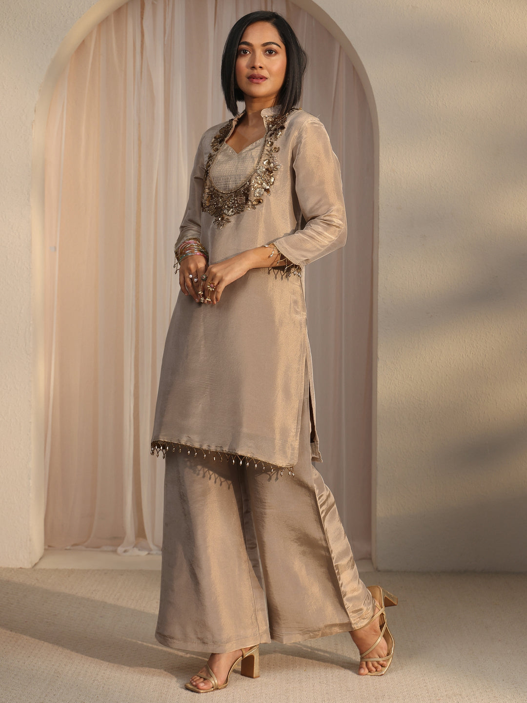  Libas Beige Yoke Design Embellished Tissue Co-Ord Set 