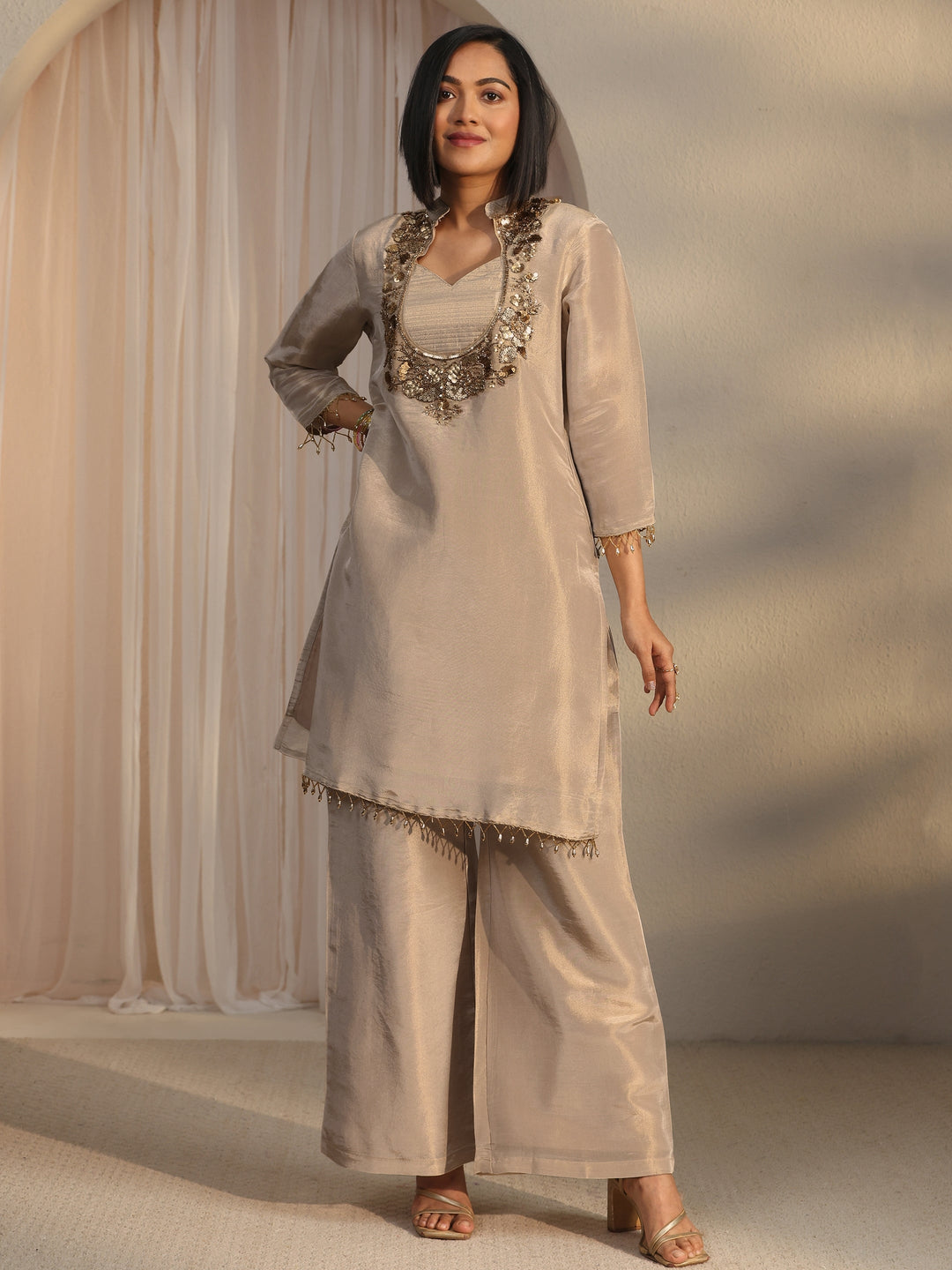  Libas Beige Yoke Design Embellished Tissue Co-Ord Set 