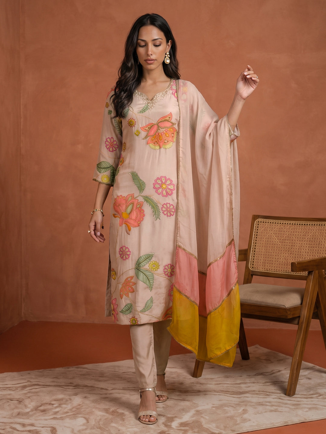  Libas Pink Floral Printed Tissue Straight Suit Set 
