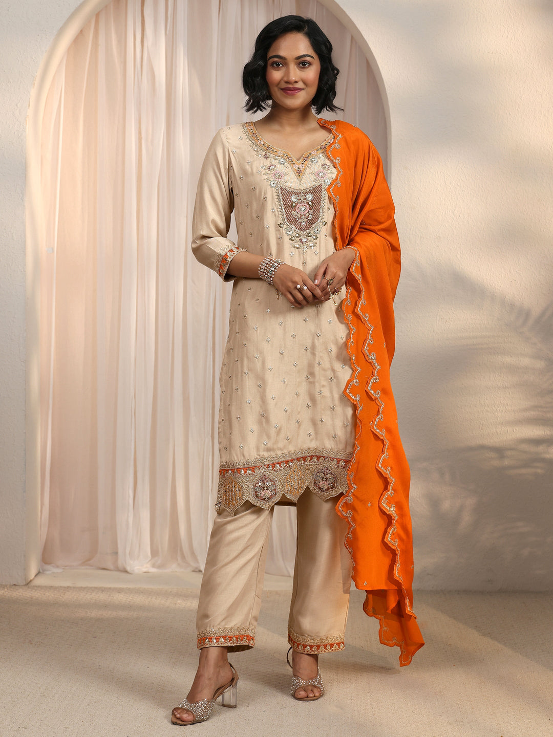  Libas Beige Floral Embellished Silk Blend Straight Suit Set 