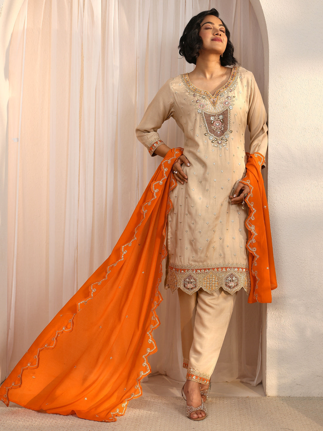  Libas Beige Floral Embellished Silk Blend Straight Suit Set 