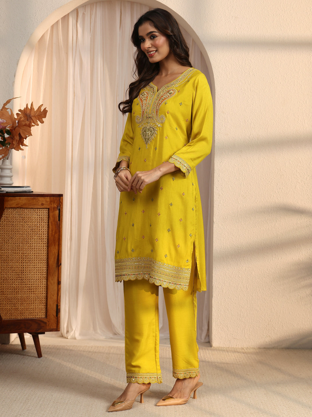  Libas Mustard Floral Embellished Silk Blend Straight Suit Set 