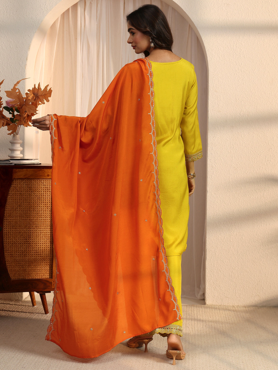  Libas Mustard Floral Embellished Silk Blend Straight Suit Set 