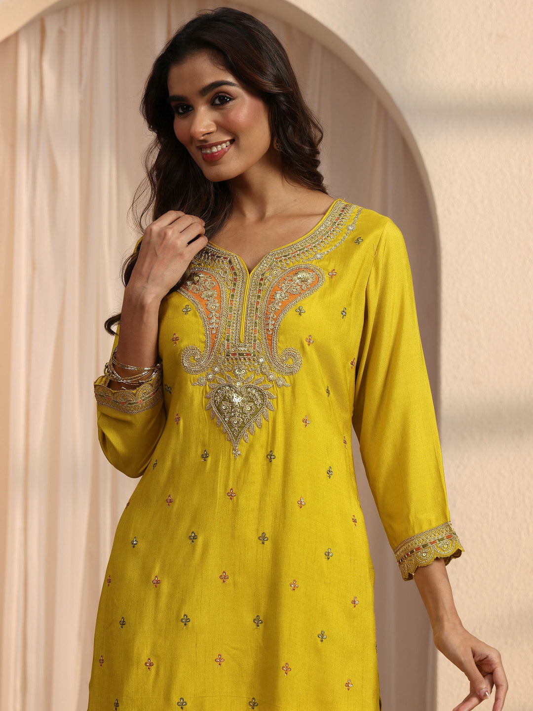  Libas Mustard Floral Embellished Silk Blend Straight Suit Set 