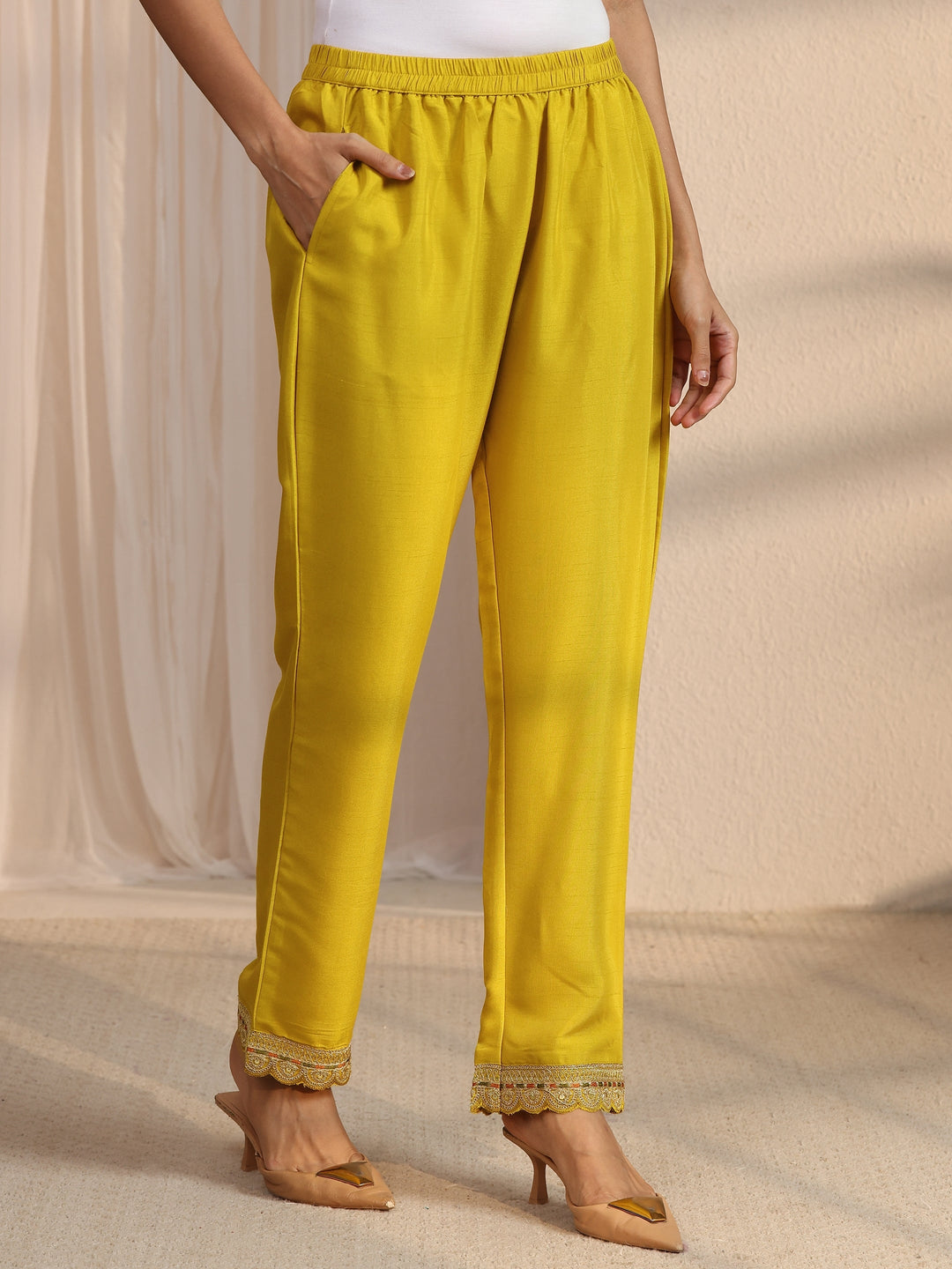  Libas Mustard Floral Embellished Silk Blend Straight Suit Set 