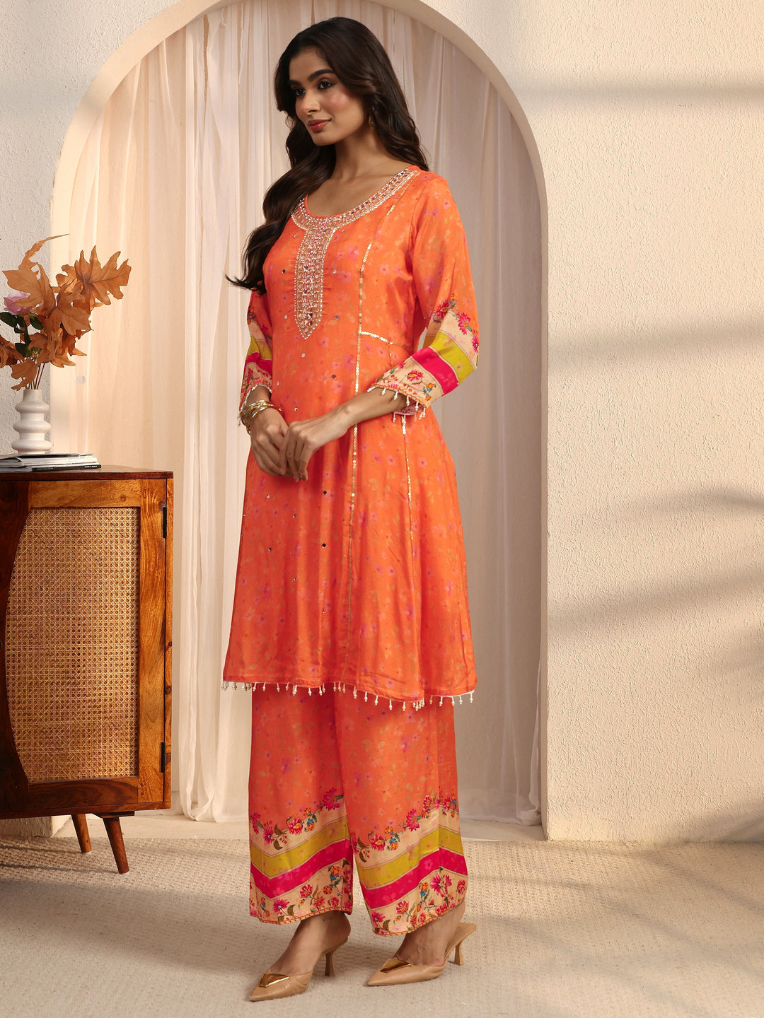  Libas Orange Floral Woven Design Chinon A-Line Suit Set 