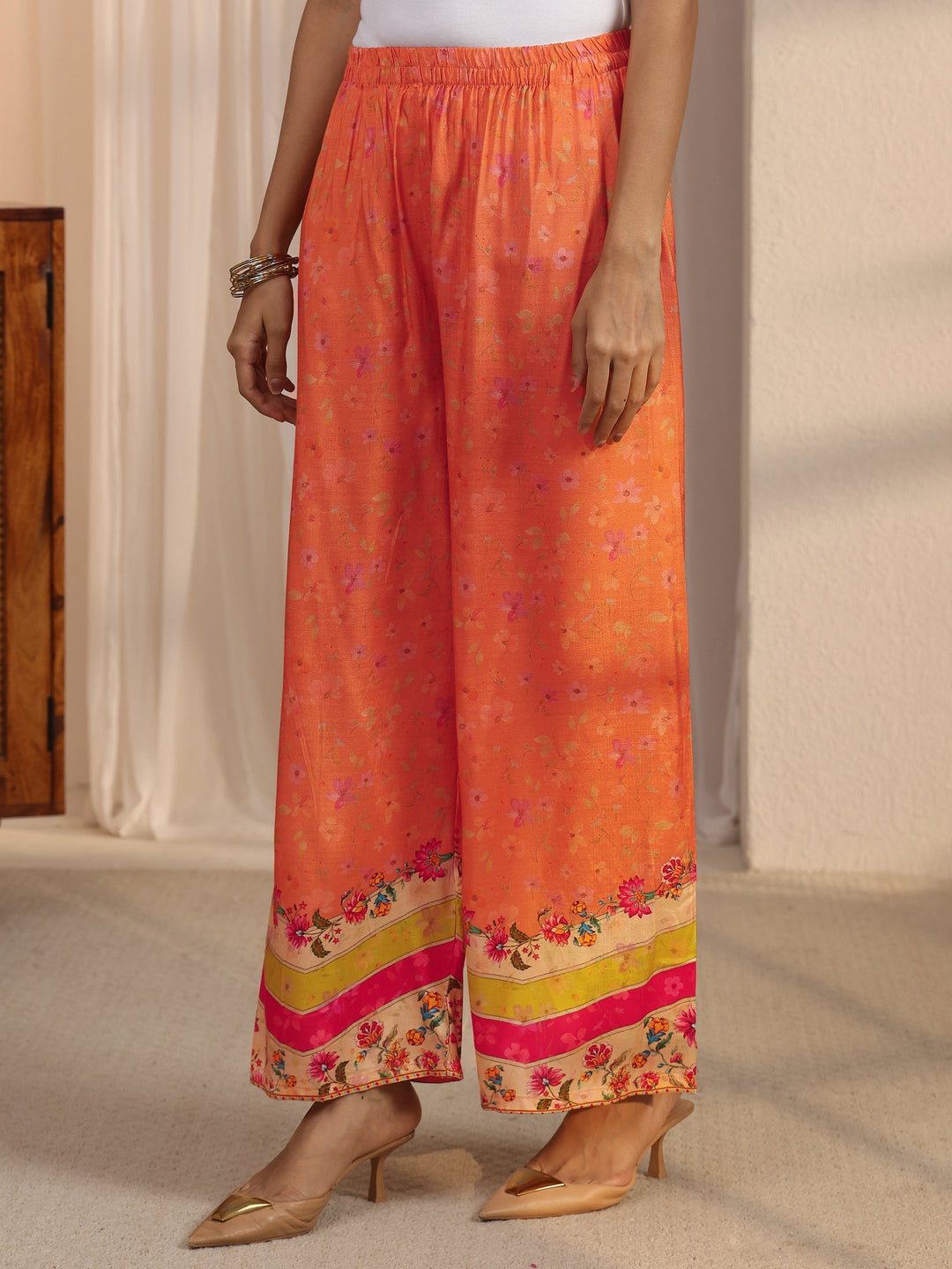  Libas Orange Floral Woven Design Chinon A-Line Suit Set 