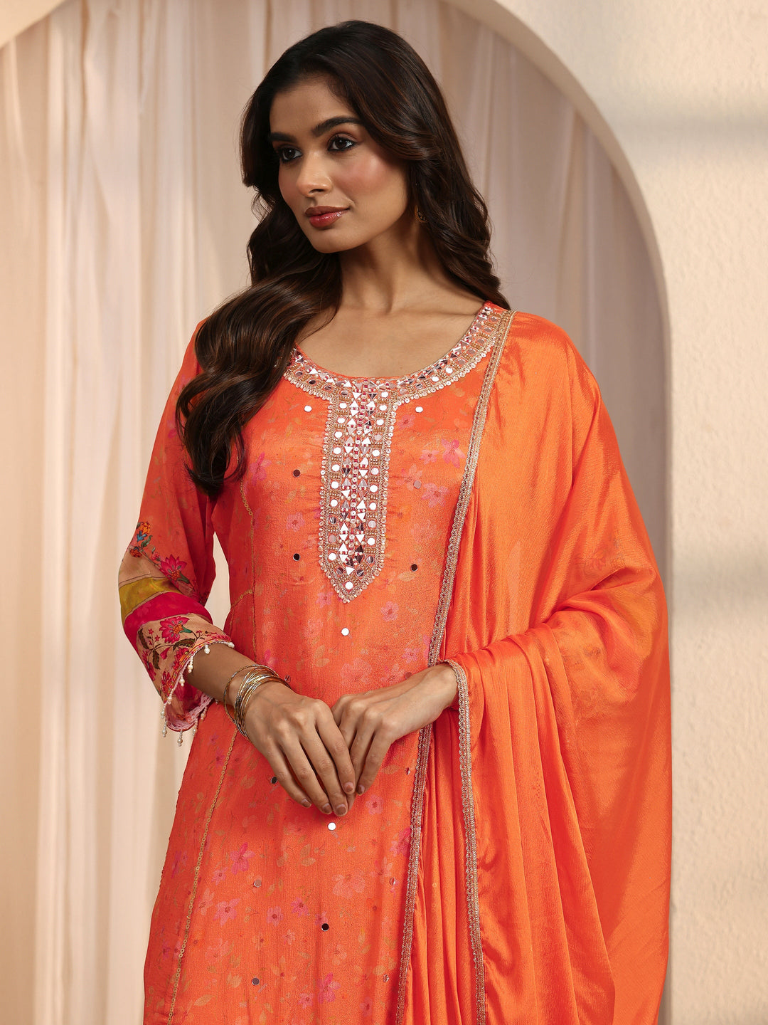 Libas Orange Floral Woven Design Chinon A-Line Suit Set 