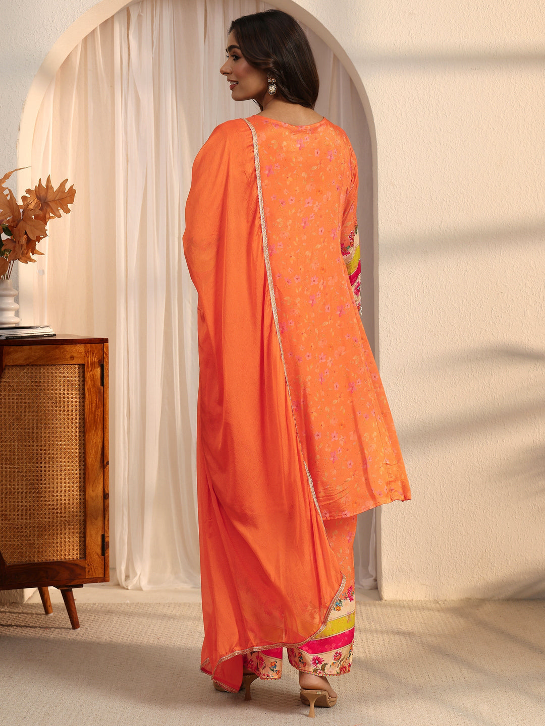  Libas Orange Floral Woven Design Chinon A-Line Suit Set 