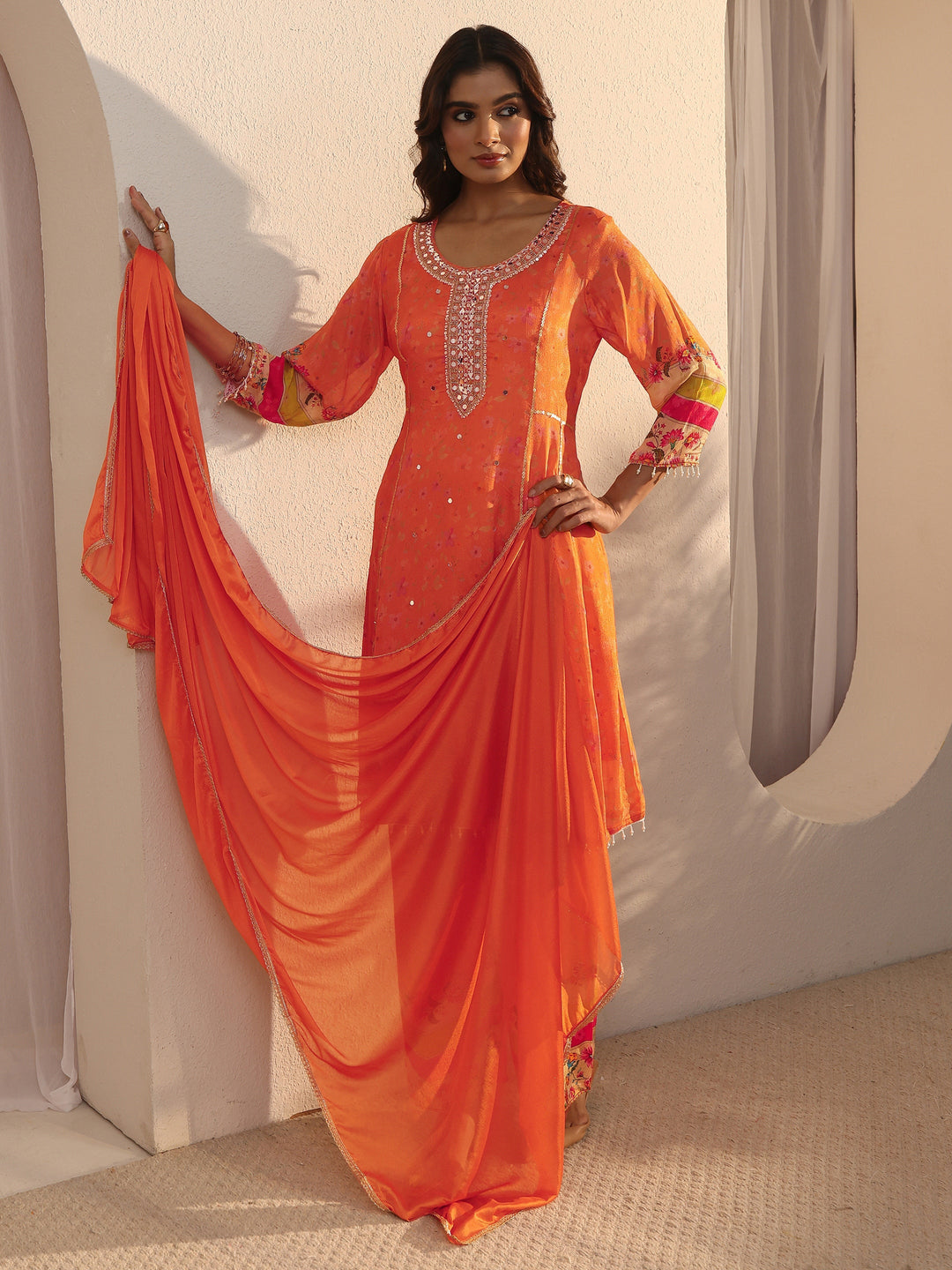  Libas Orange Floral Woven Design Chinon A-Line Suit Set 