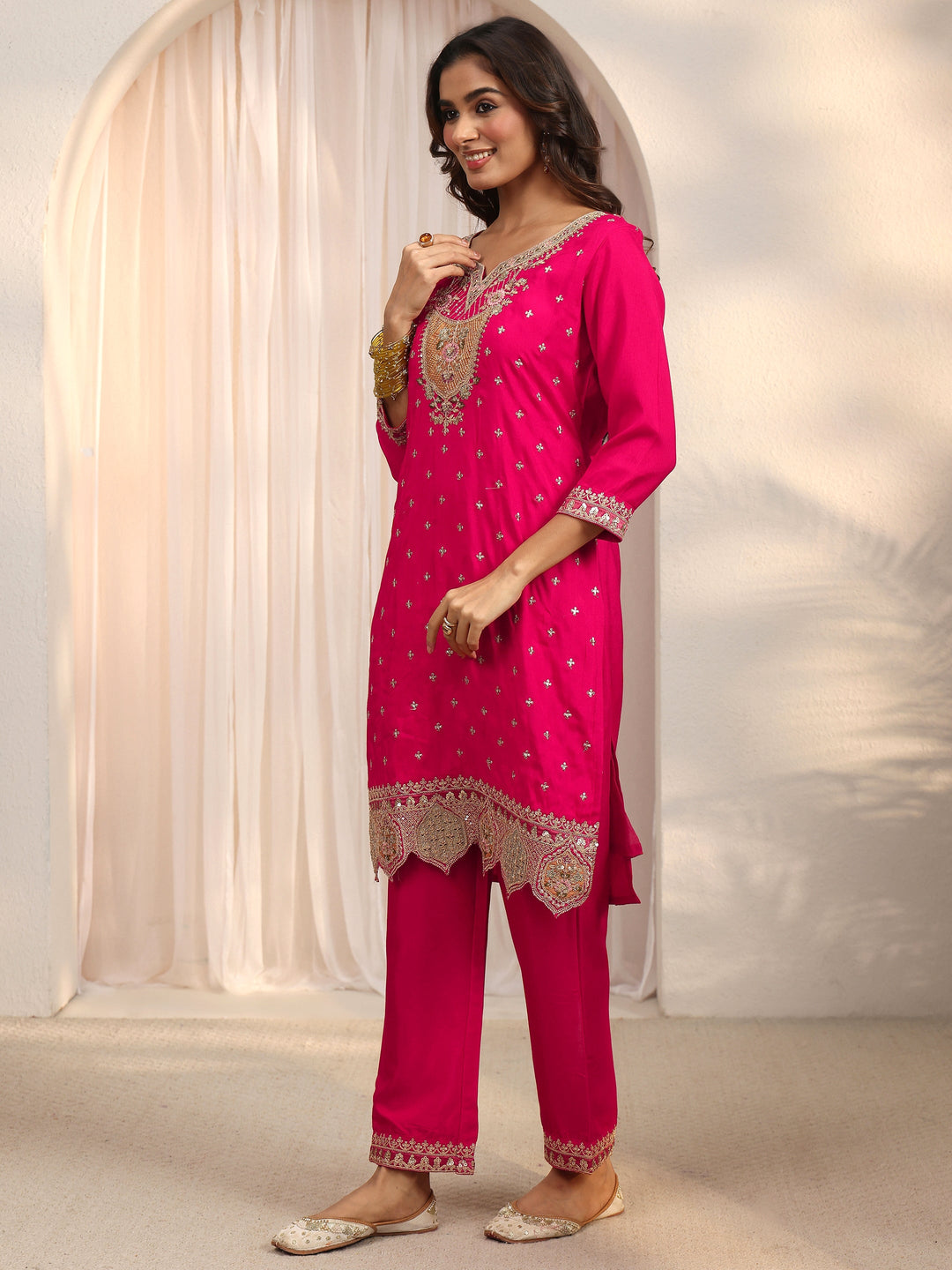 Libas Pink Embroidered Silk Blend Straight Suit Set 