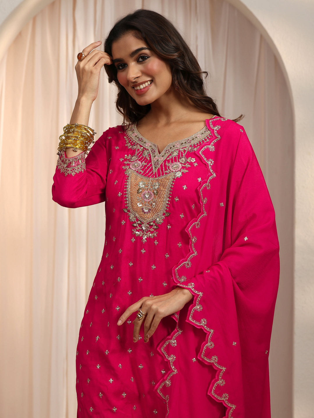  Libas Pink Embroidered Silk Blend Straight Suit Set 