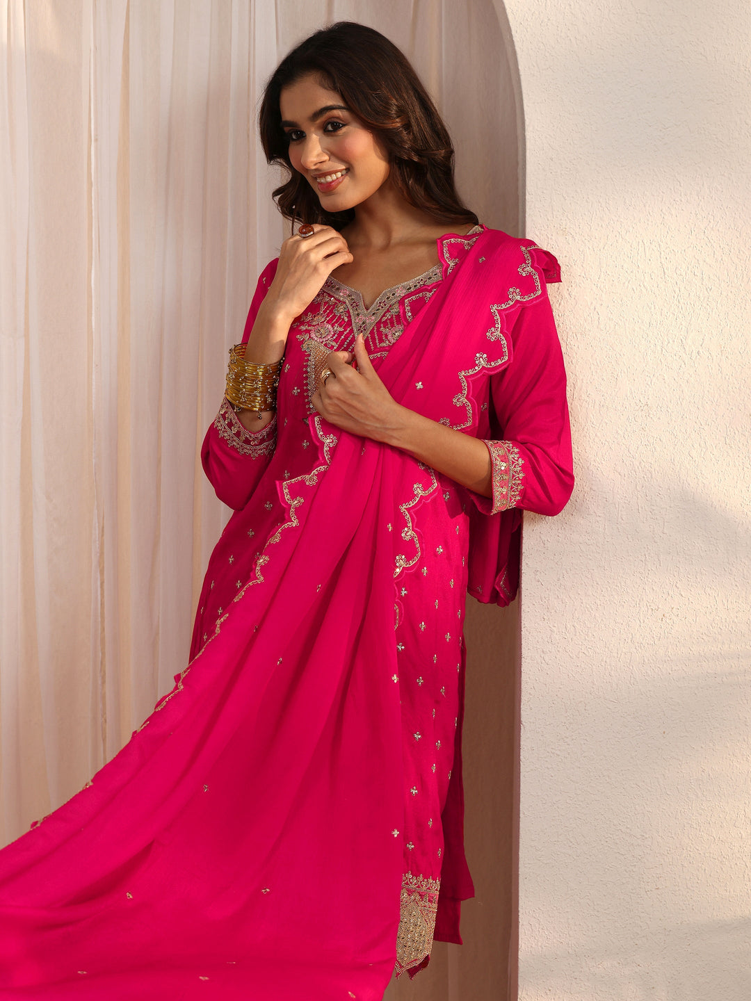  Libas Pink Embroidered Silk Blend Straight Suit Set 