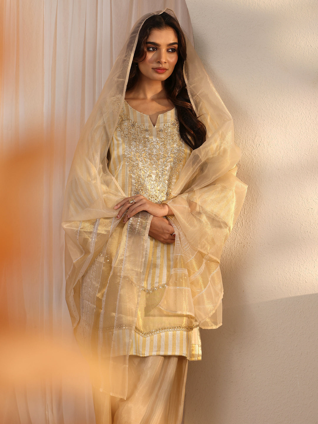  Libas Beige Embroidered Silk Blend Farshi Salwar Suit 