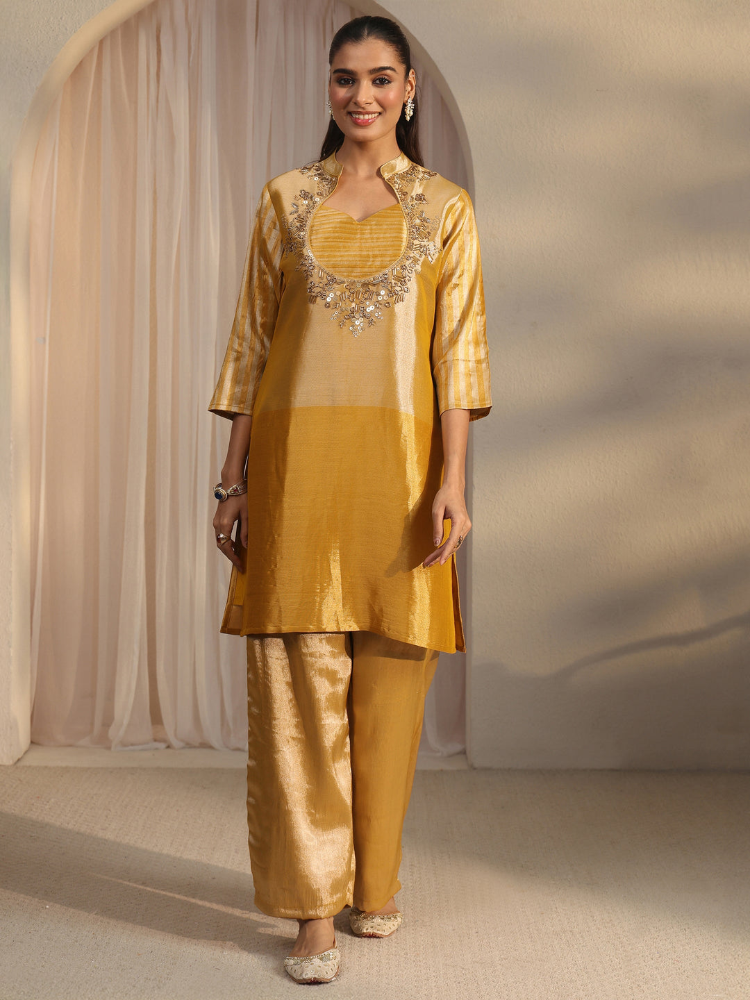  Libas Mustard Yoke Design Embellished Silk Blend Co-Ord Set 