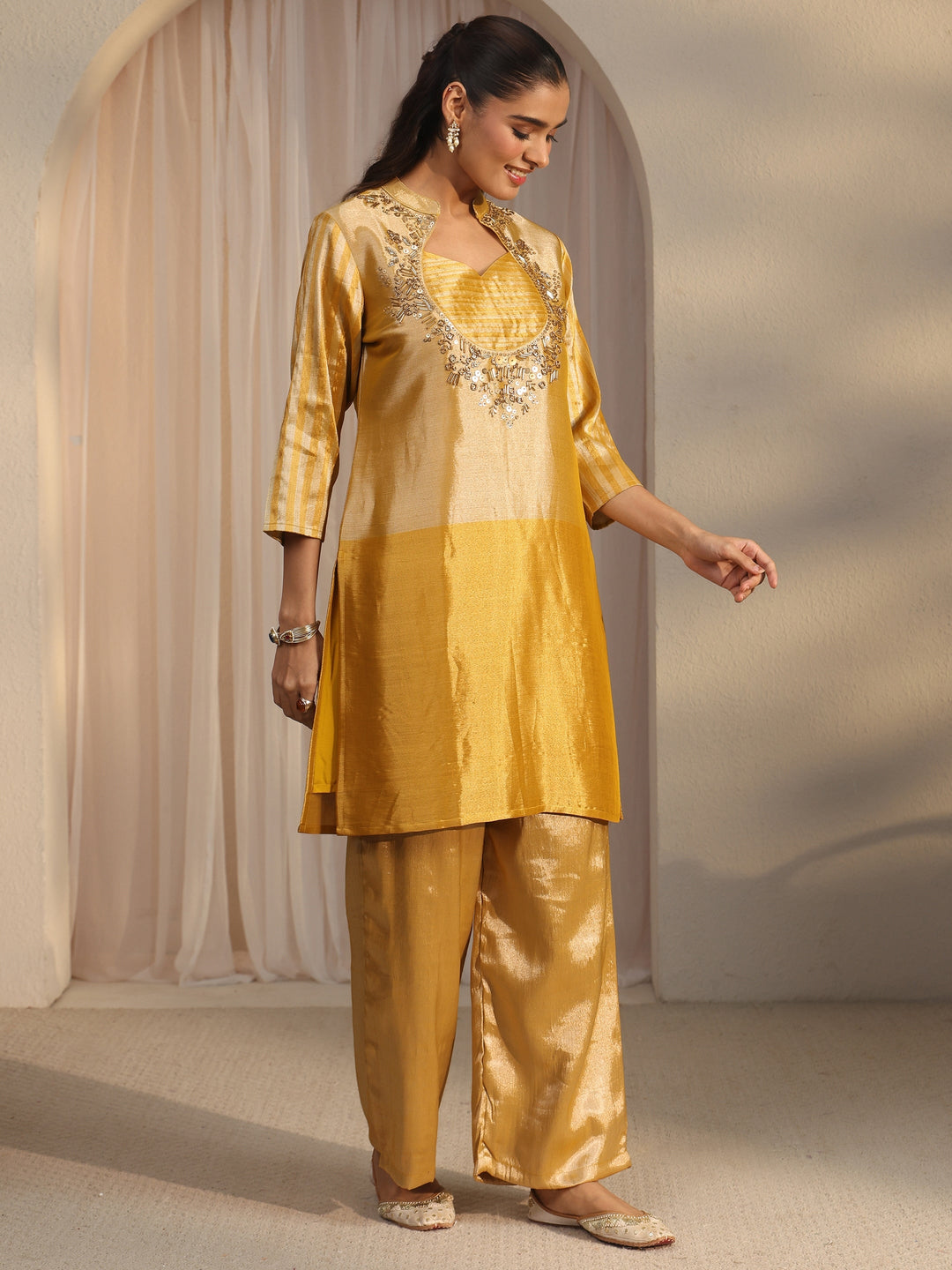  Libas Mustard Yoke Design Embellished Silk Blend Co-Ord Set 