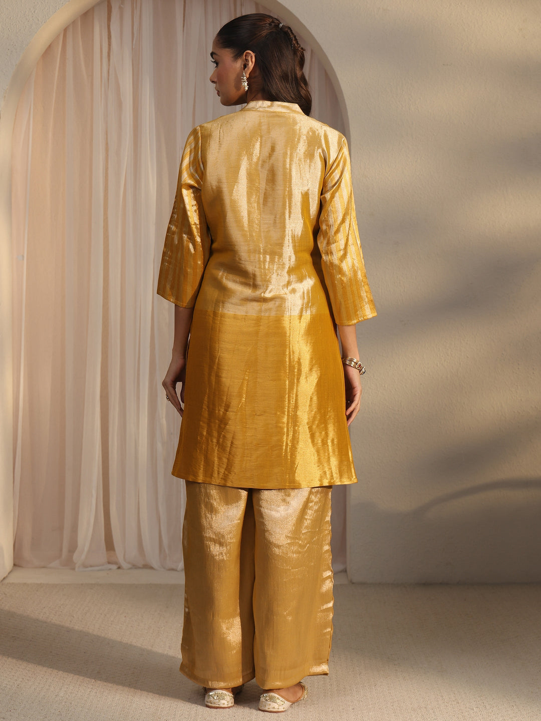  Libas Mustard Yoke Design Embellished Silk Blend Co-Ord Set 