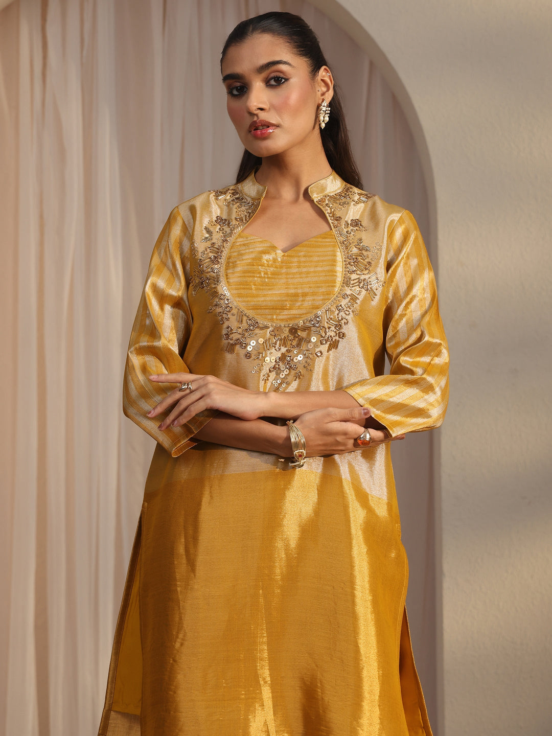  Libas Mustard Yoke Design Embellished Silk Blend Co-Ord Set 