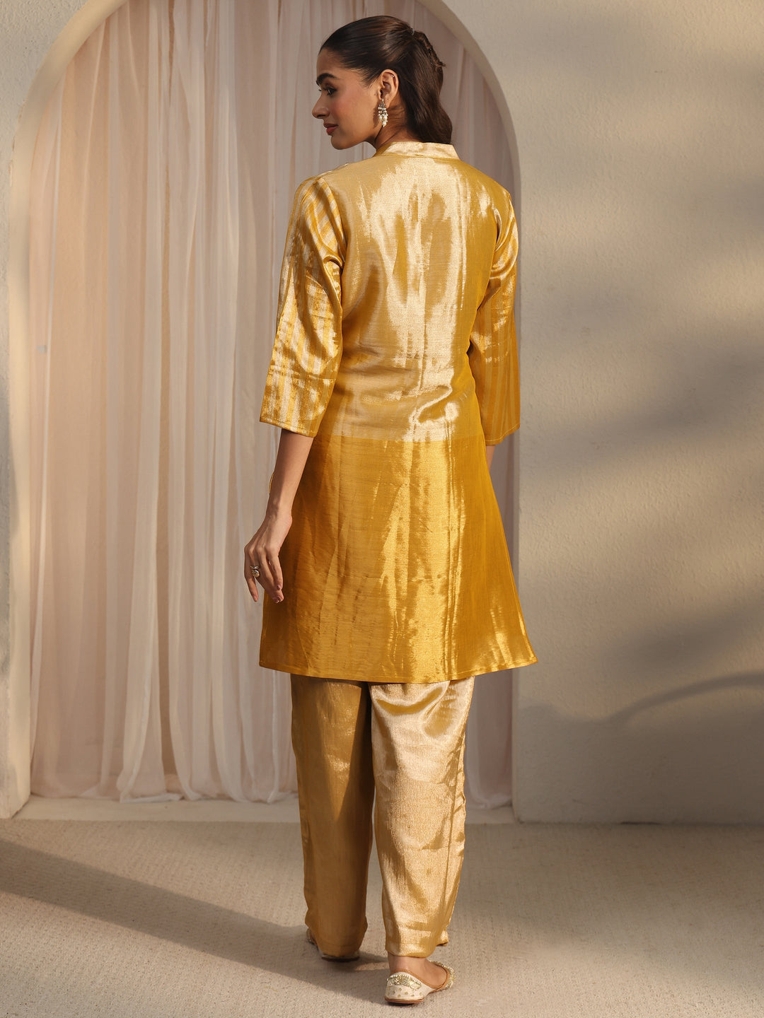  Libas Mustard Yoke Design Embellished Silk Blend Co-Ord Set 