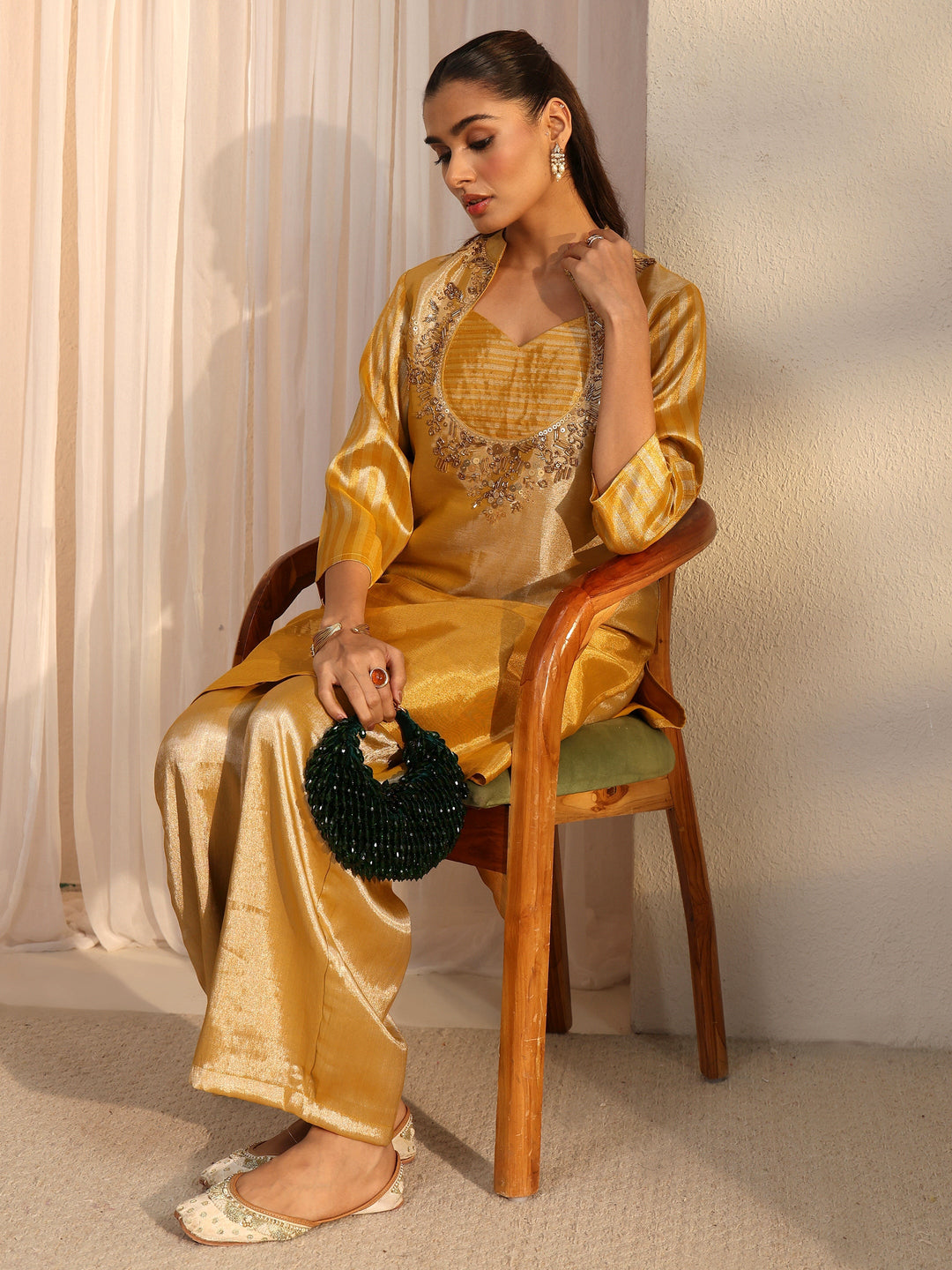  Libas Mustard Yoke Design Embellished Silk Blend Co-Ord Set 