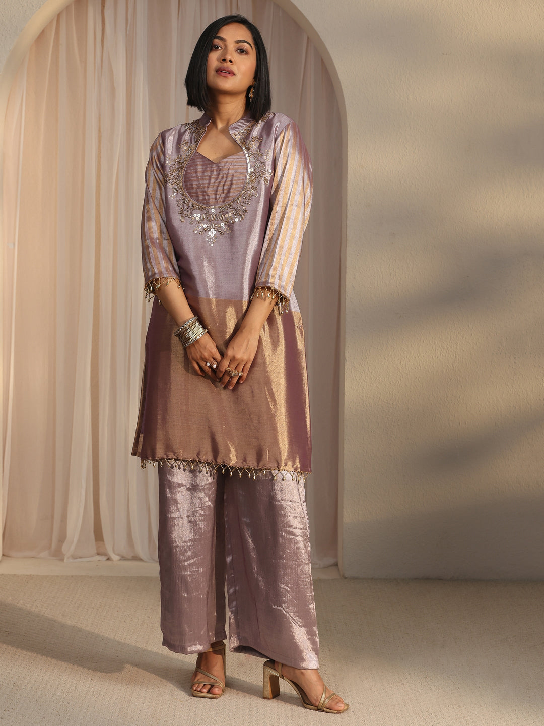  Libas Lavender Yoke Design Embellished Silk Blend Co-Ord Set 