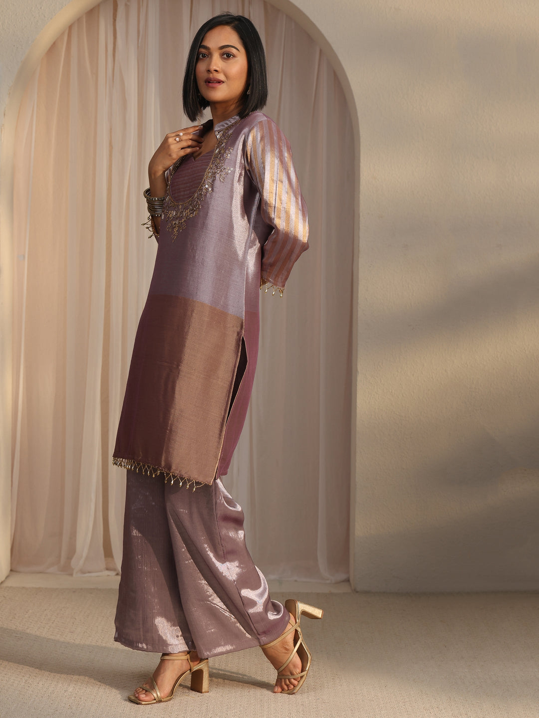  Libas Lavender Yoke Design Embellished Silk Blend Co-Ord Set 