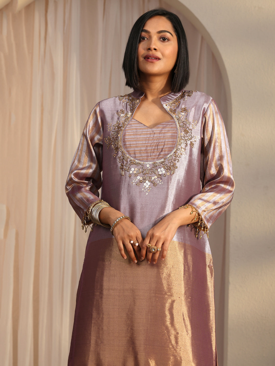  Libas Lavender Yoke Design Embellished Silk Blend Co-Ord Set 
