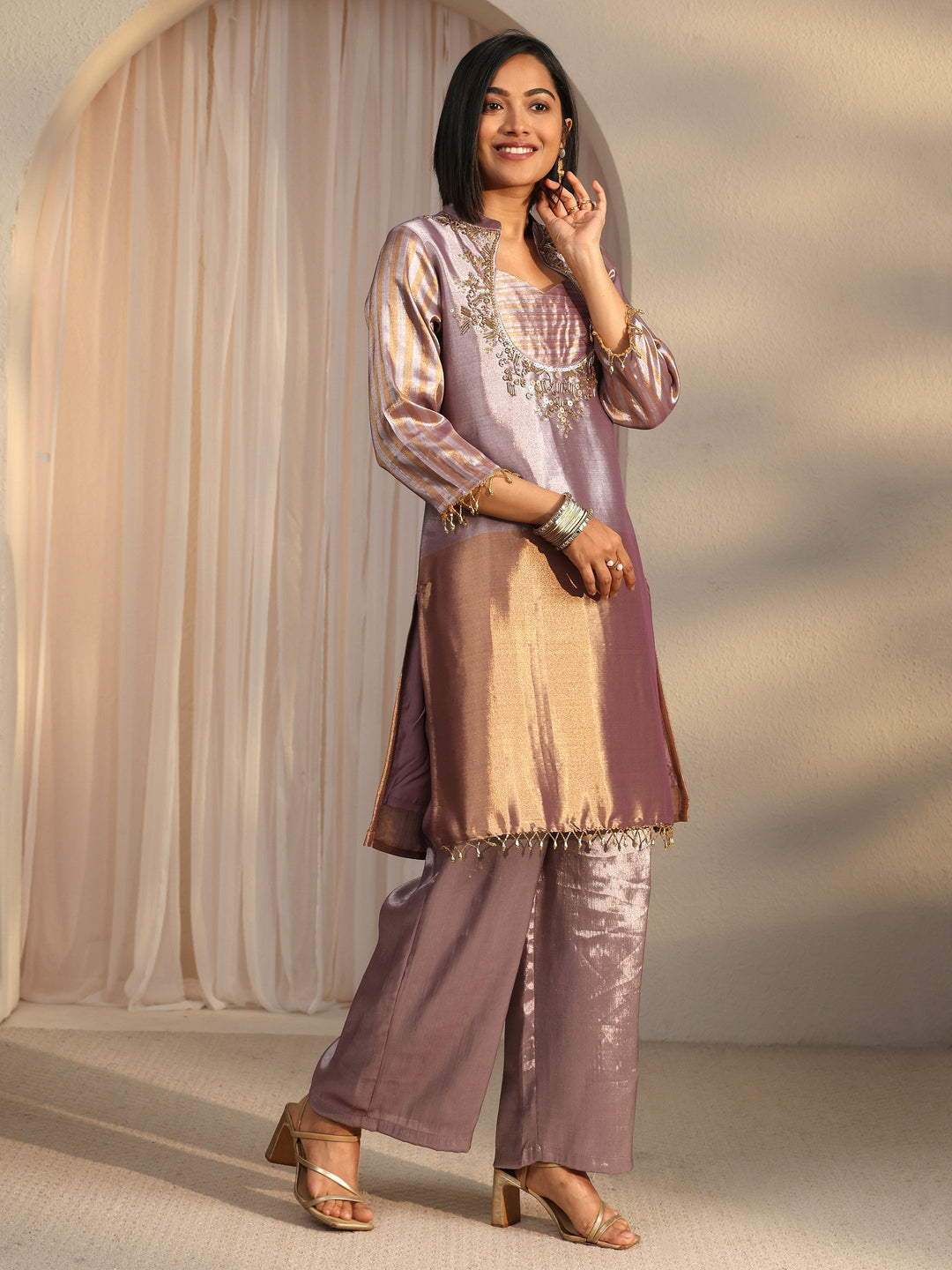  Libas Lavender Yoke Design Embellished Silk Blend Co-Ord Set 