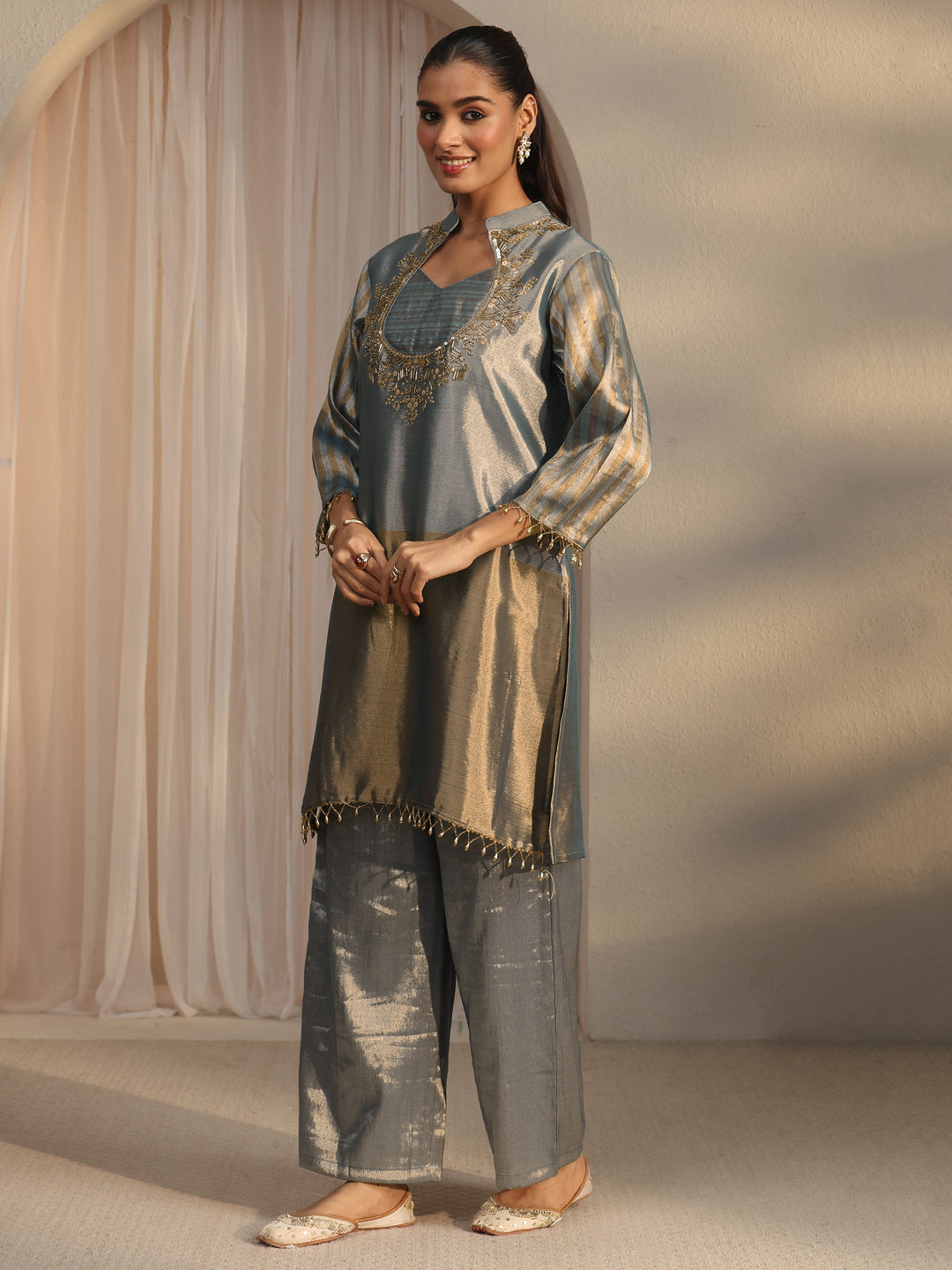  Libas Blue Yoke Design Embellished Silk Blend Co-Ord Set 