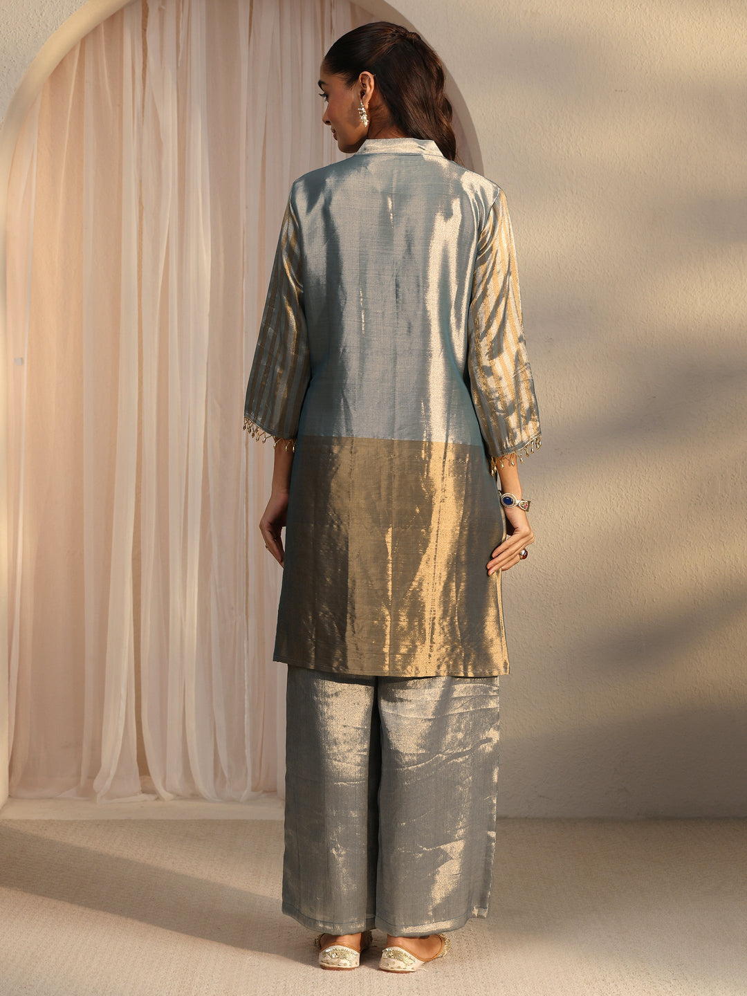  Libas Blue Yoke Design Embellished Silk Blend Co-Ord Set 