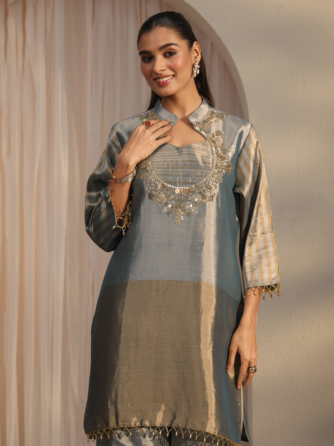  Libas Blue Yoke Design Embellished Silk Blend Co-Ord Set 