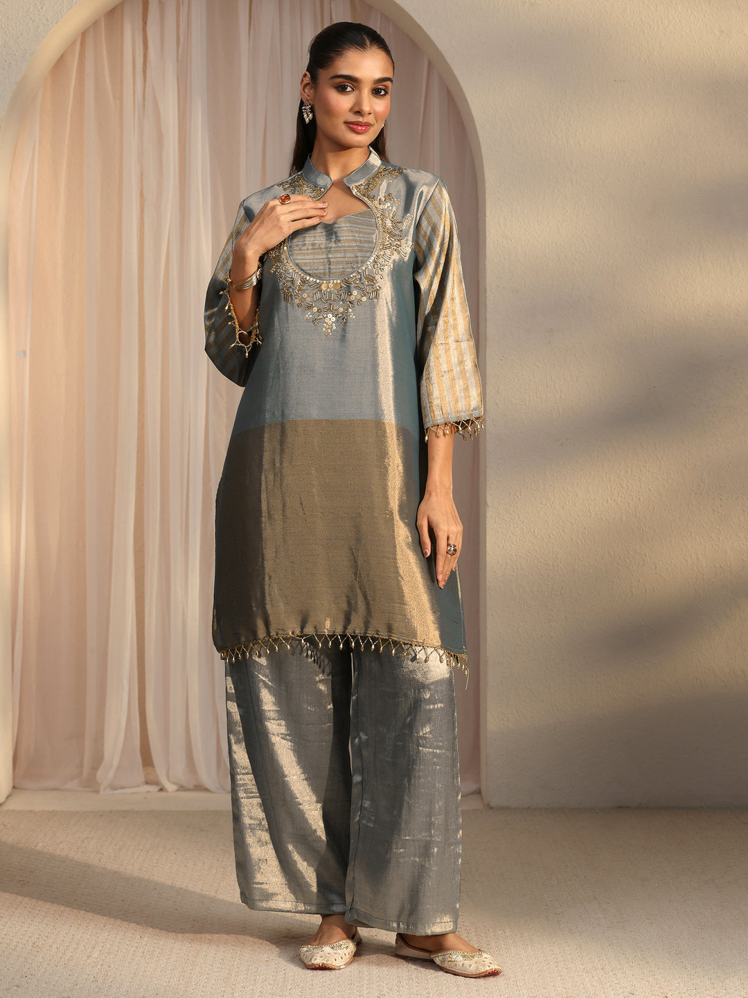  Libas Blue Yoke Design Embellished Silk Blend Co-Ord Set 