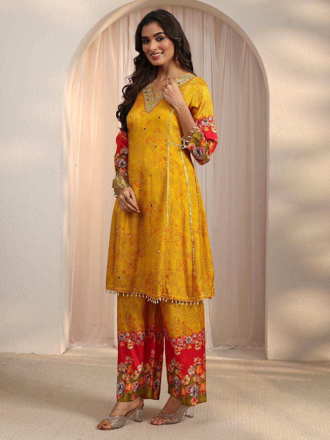  Libas Yellow Floral Woven Design Chinon A-Line Suit Set 