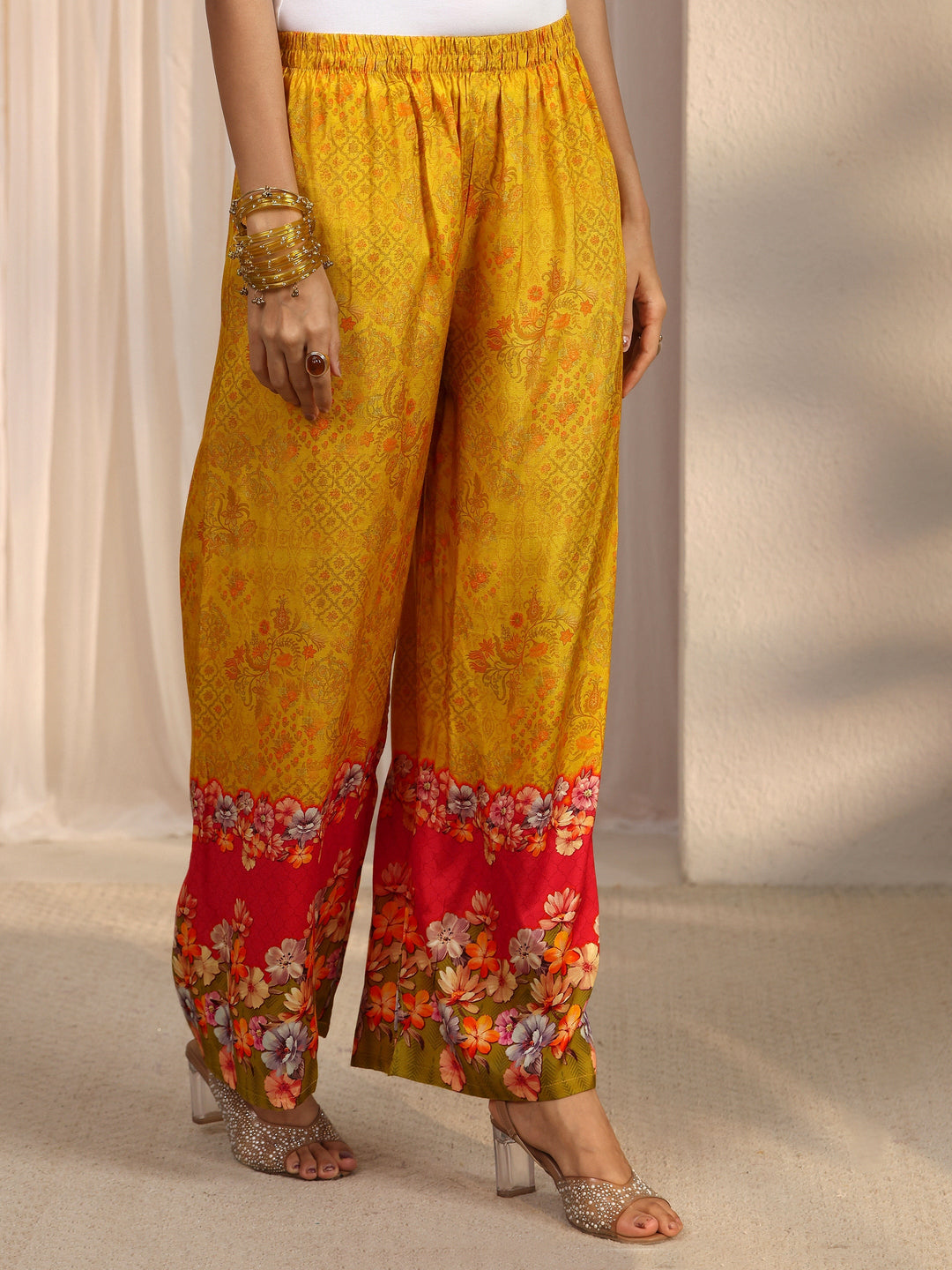  Libas Yellow Floral Woven Design Chinon A-Line Suit Set 