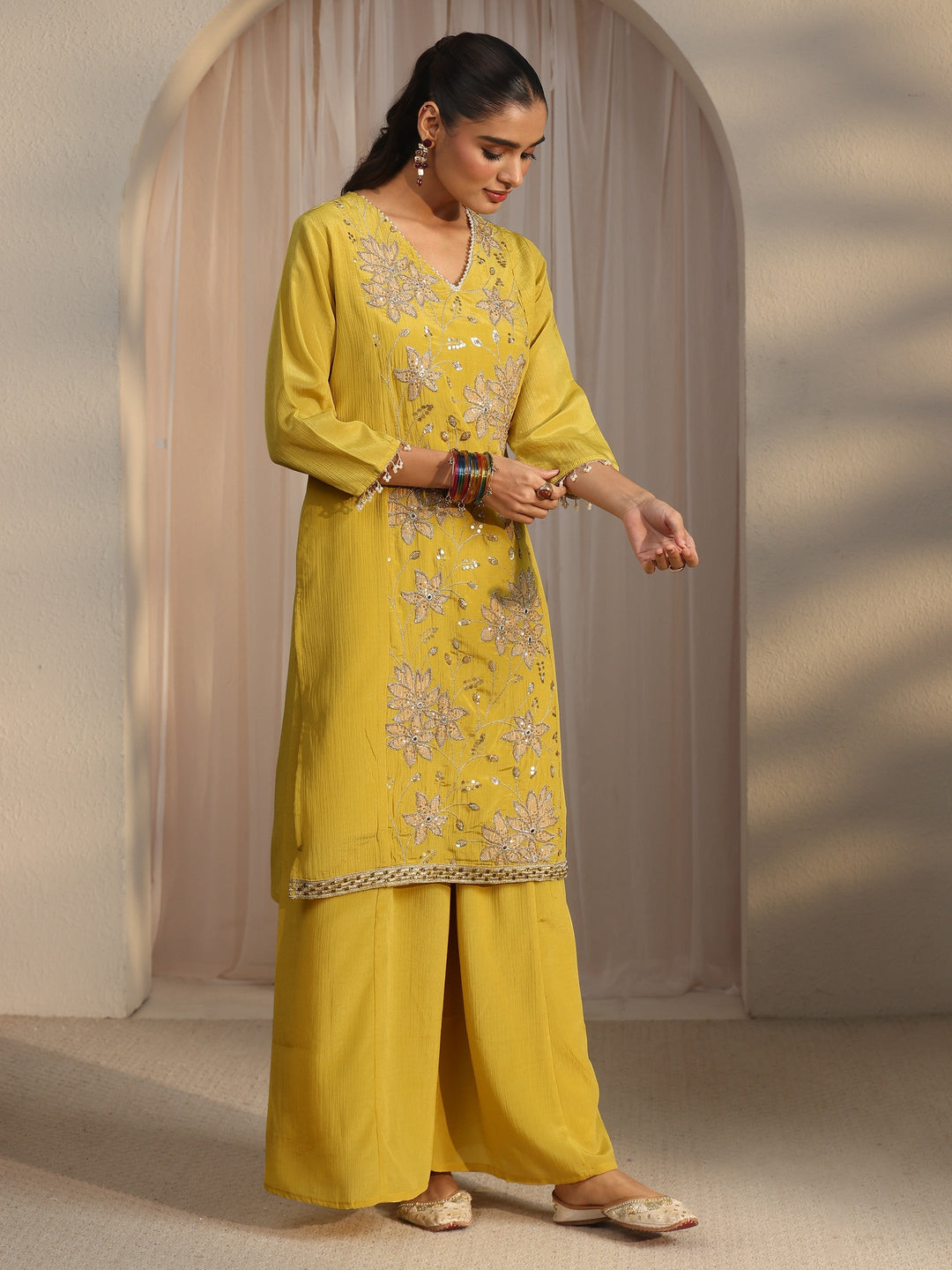  Libas Yellow Floral Embroidered Chinon Palazzo Suit Set 