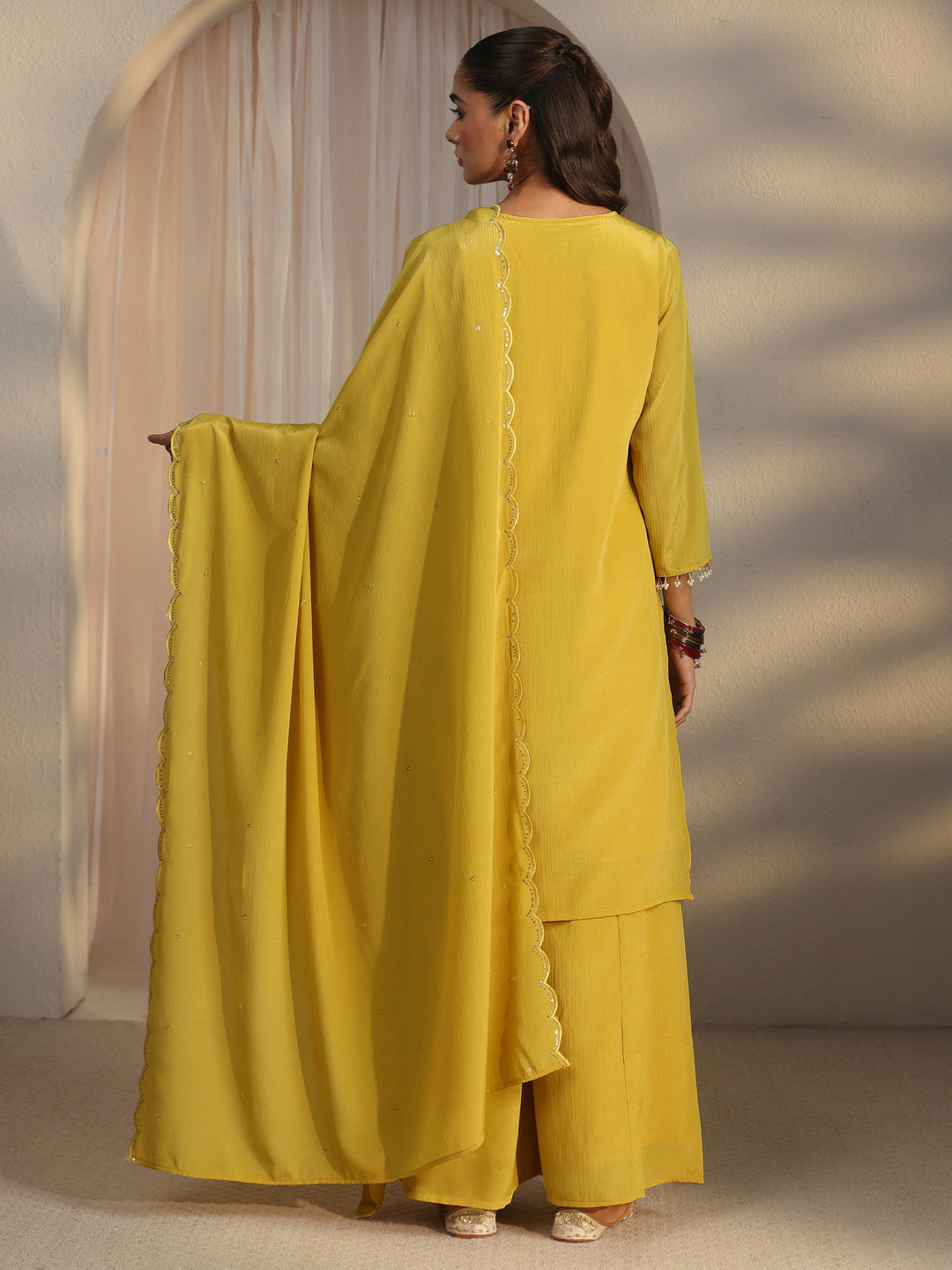  Libas Yellow Floral Embroidered Chinon Palazzo Suit Set 