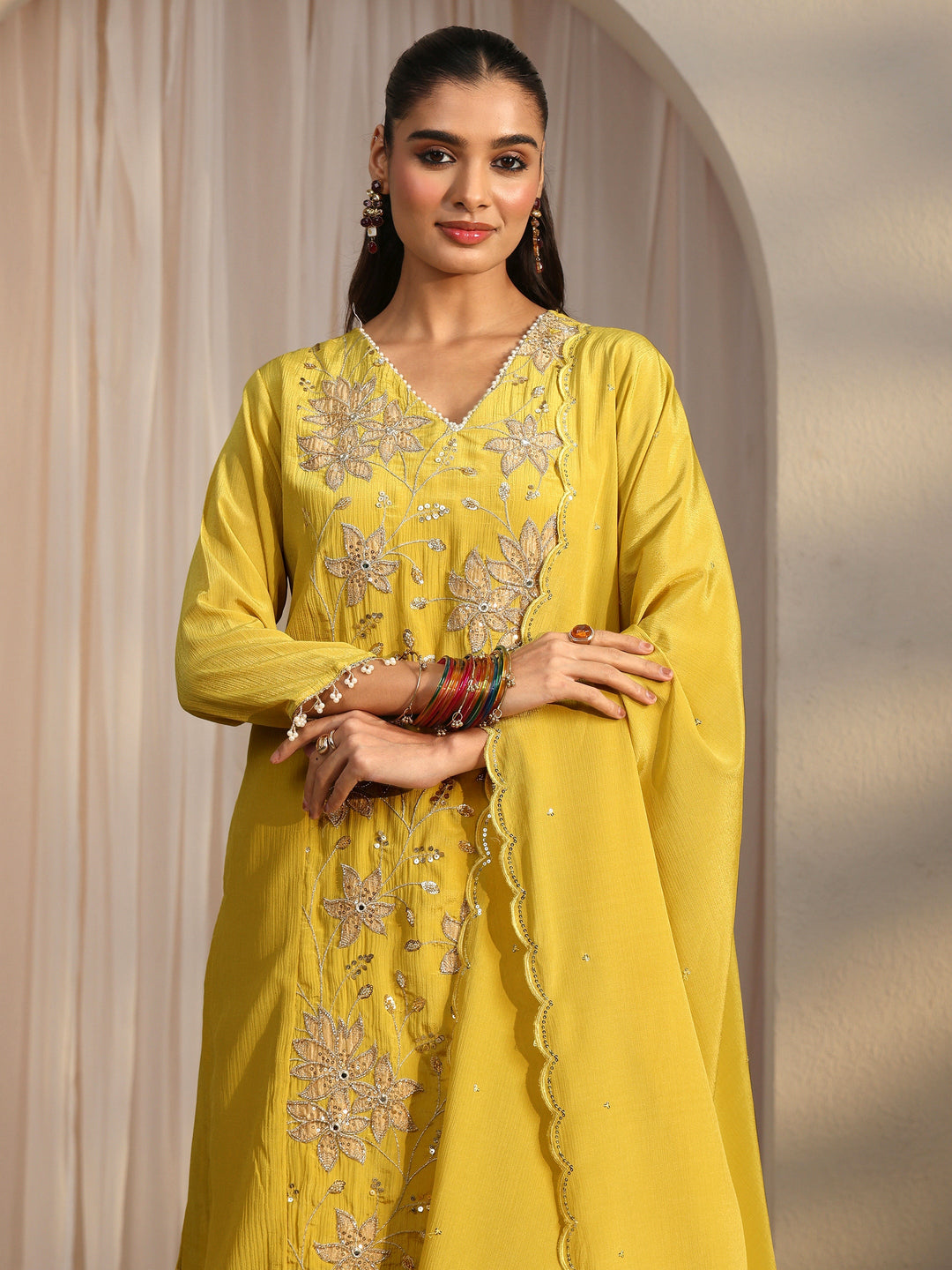  Libas Yellow Floral Embroidered Chinon Palazzo Suit Set 