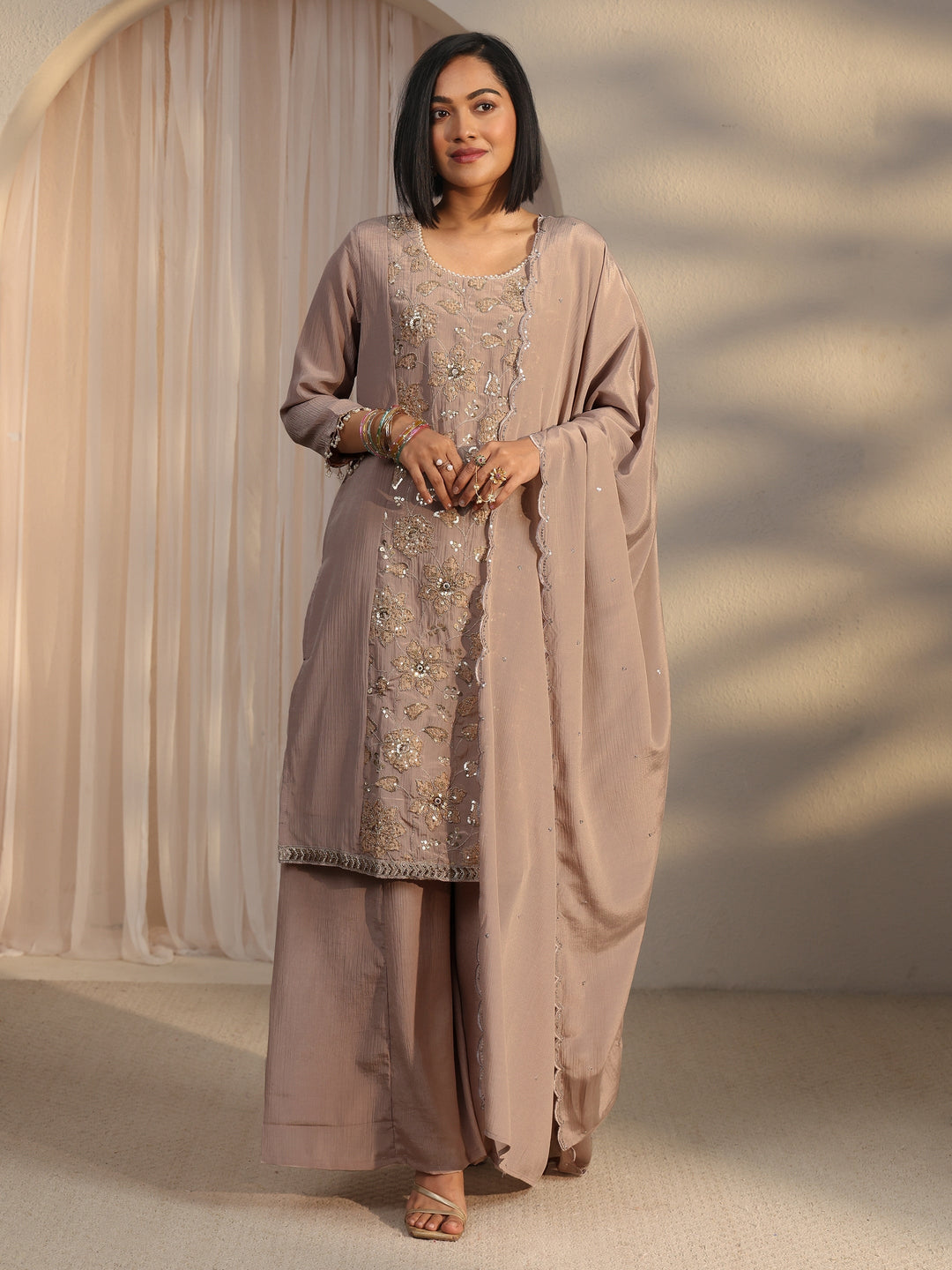  Libas Grey Floral Sequin Embellished Chinon Palazzo Suit Set 