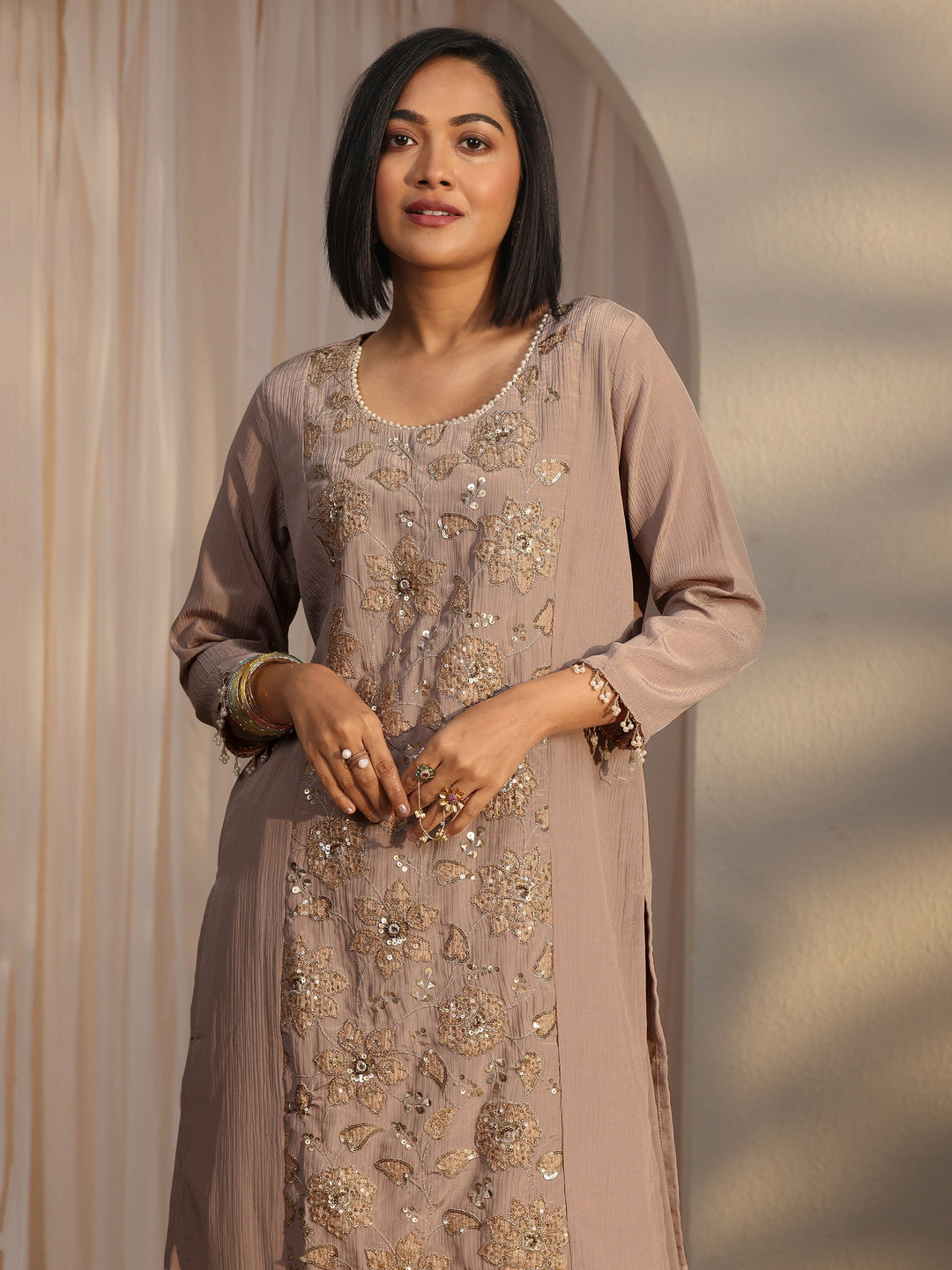  Libas Grey Floral Sequin Embellished Chinon Palazzo Suit Set 
