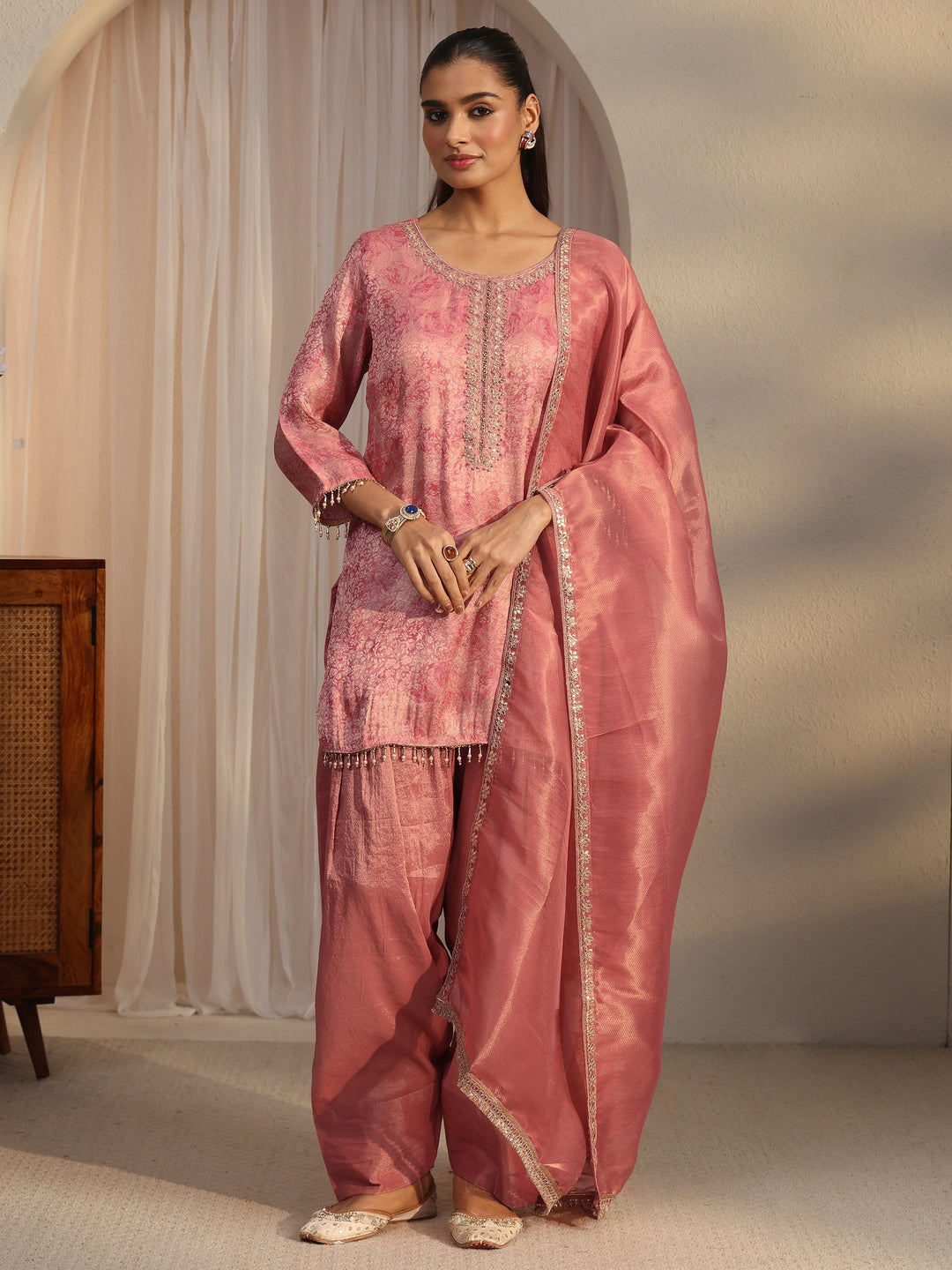  Libas Pink Embellished Silk Blend Farshi Salwar Suit 