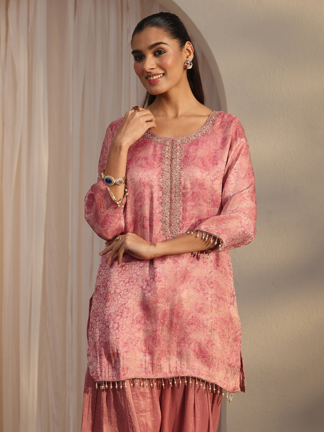  Libas Pink Embellished Silk Blend Farshi Salwar Suit 