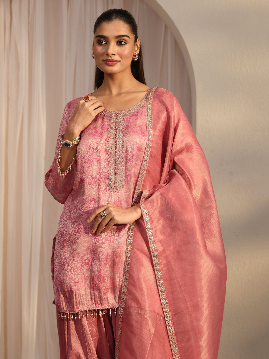  Libas Pink Embellished Silk Blend Farshi Salwar Suit 